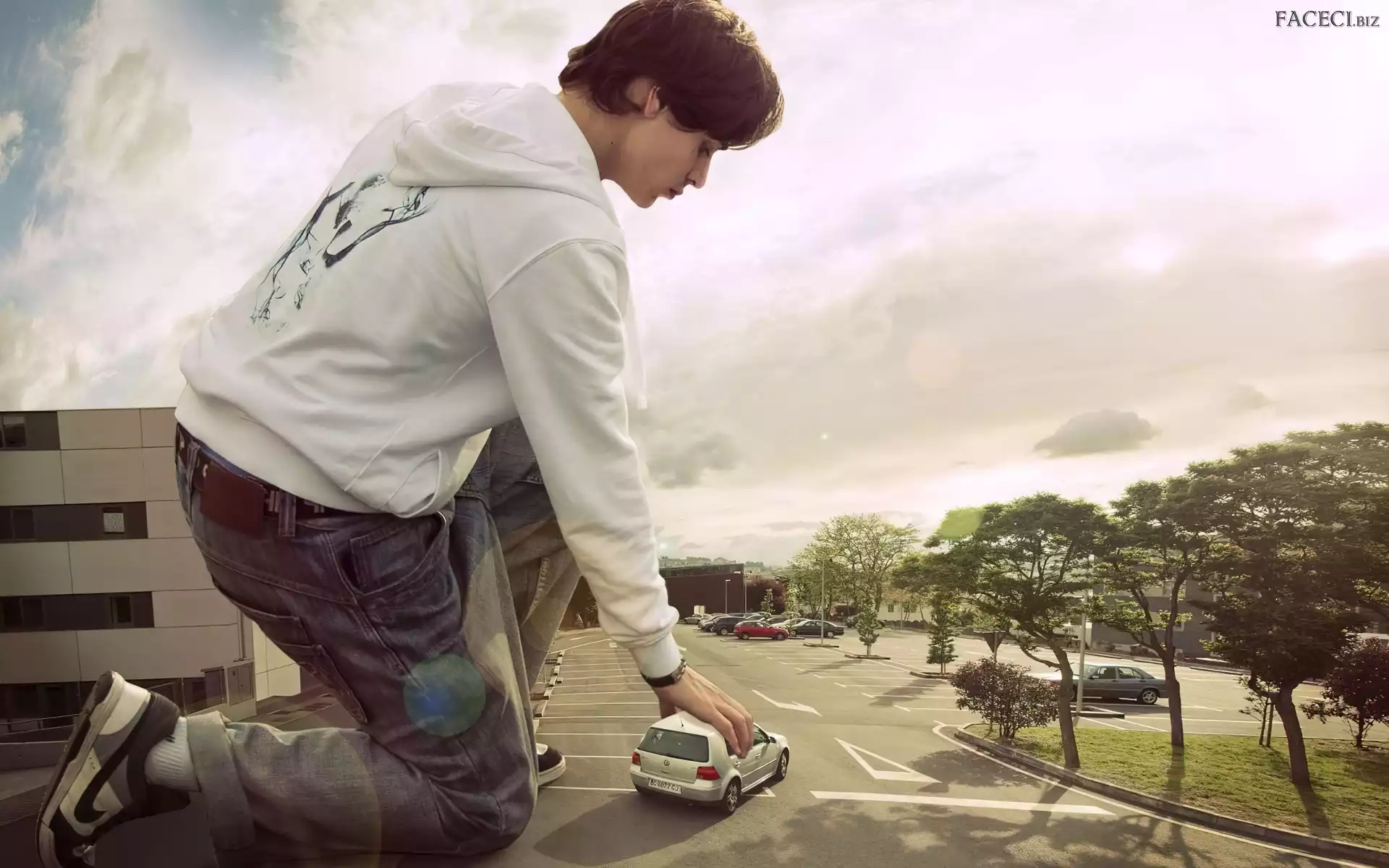 Auto, Mężczyzna, Ulica, Dom, Gigant, Drzewa