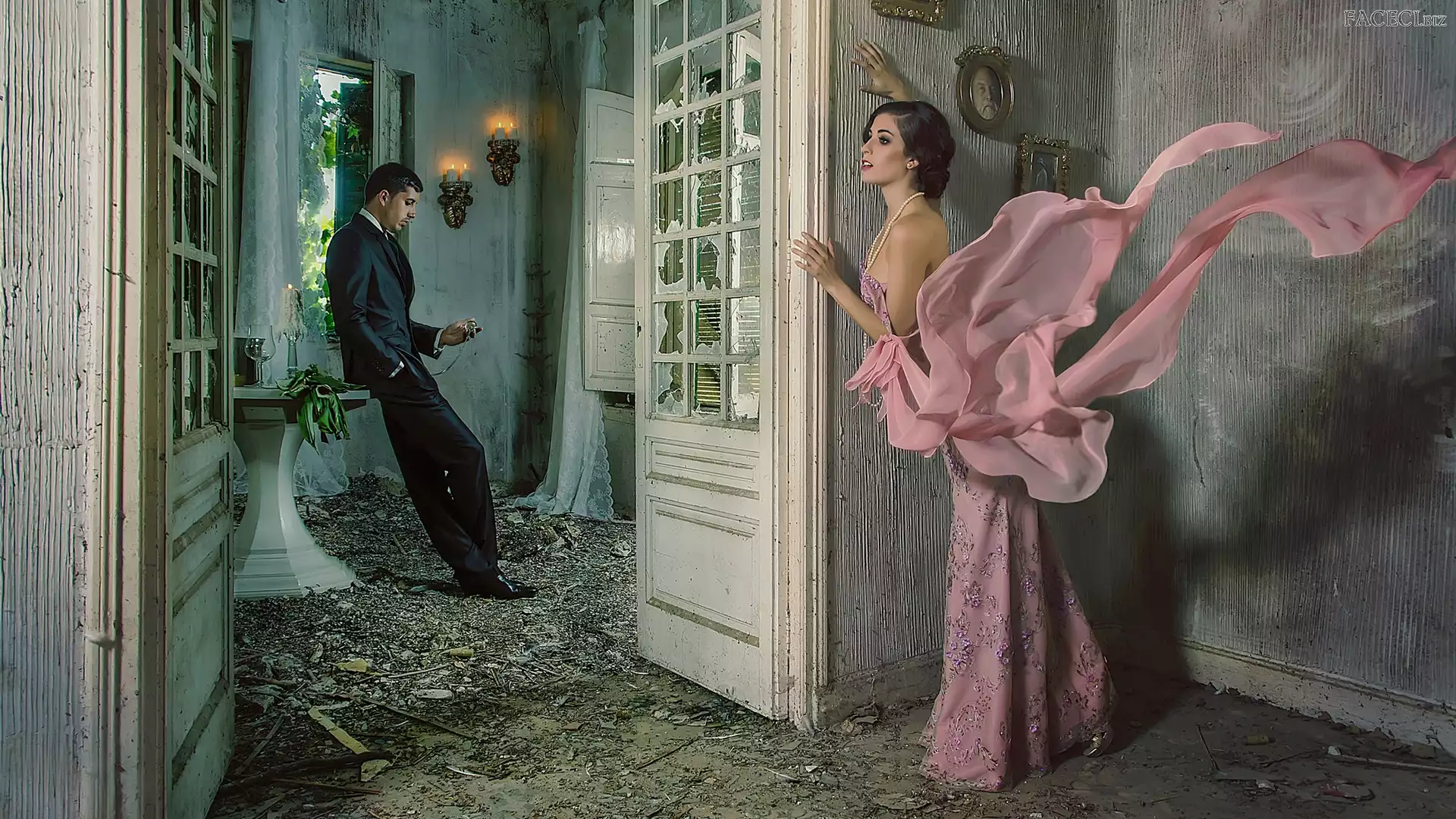 Mężczyzna, Drzwi, Zaniedbane, Różowa, Suknia, Wnętrza, Kobieta