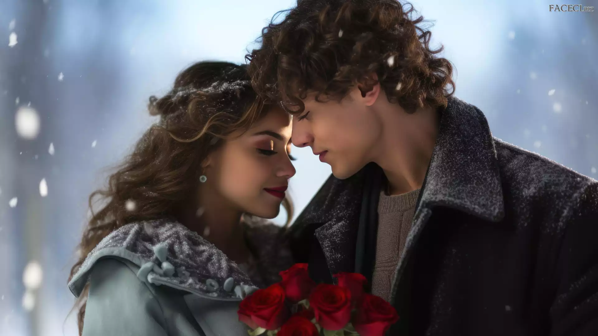 Para, Róże, Mężczyzna, Bukiet, Zima, Grafika, Zakochani, Kobieta, Śnieg, Czerwone